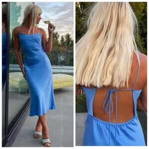 Djerf Avenue Dream Silky Satin Tie Back Adjustable Strap Midi Dress Sky Blue XS